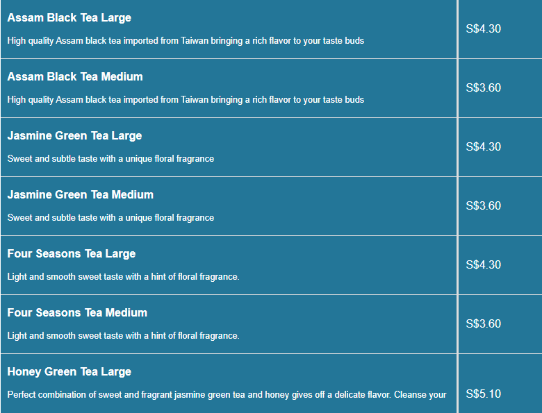 Koi menu- Flavored Tea Price List