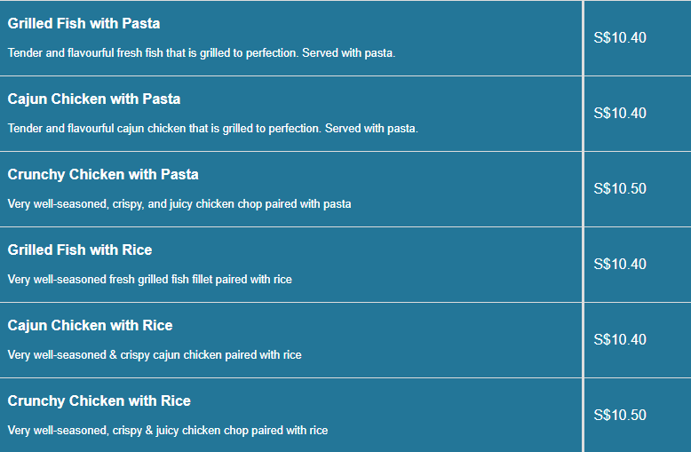 Fatty Bom Bom menu- Pasta & Rice Series Price List