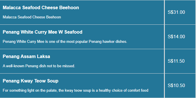 Penang Culture menu- Penang Noodles Speciality Price List