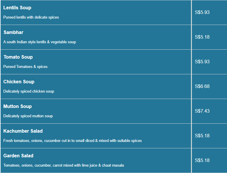 Curry House menu- Soup, Salad & Raita Price List