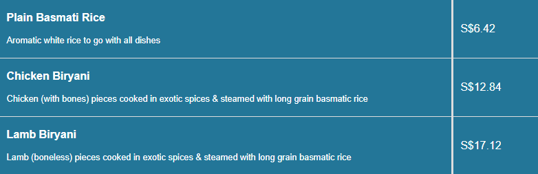 Barbq Tonight menu- Rice Price List