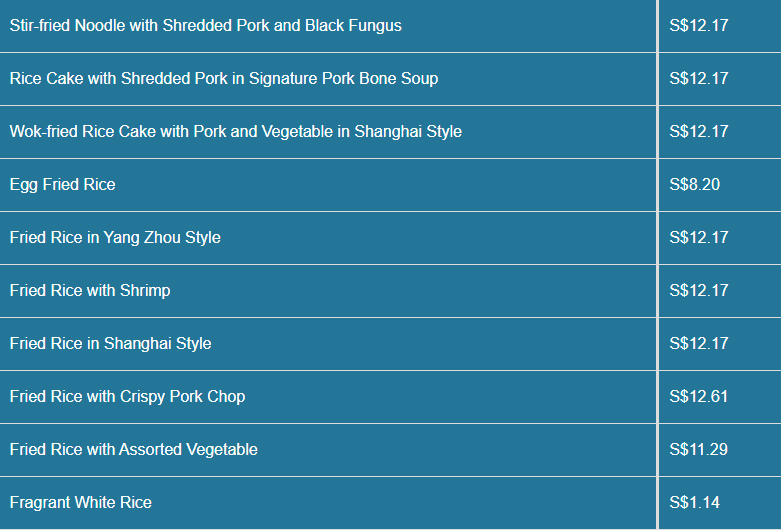 Paradise Dynasty menu- Rice & Noodle Price List