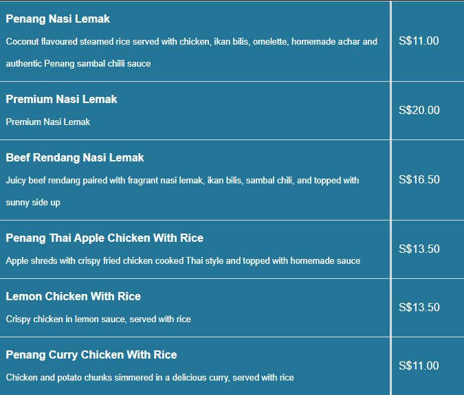 Penang Culture menu- Penang Rice Speciality Price List