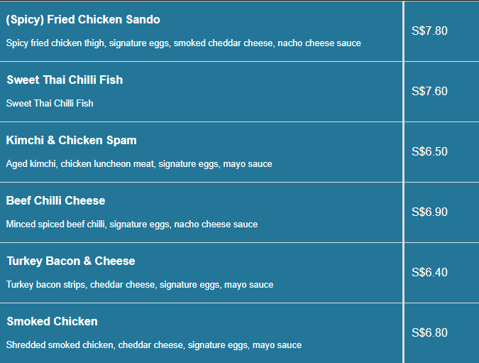 Egg Stop menu- Sandwiches Price List