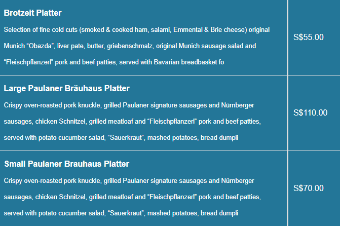 Paulaner Brauhaus menu- Sharing Platters Price List