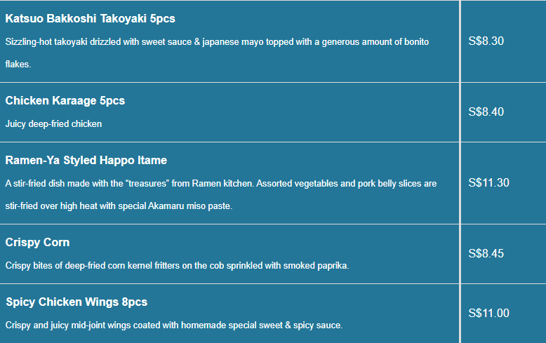 Ippudo menu Side Dishes Price List