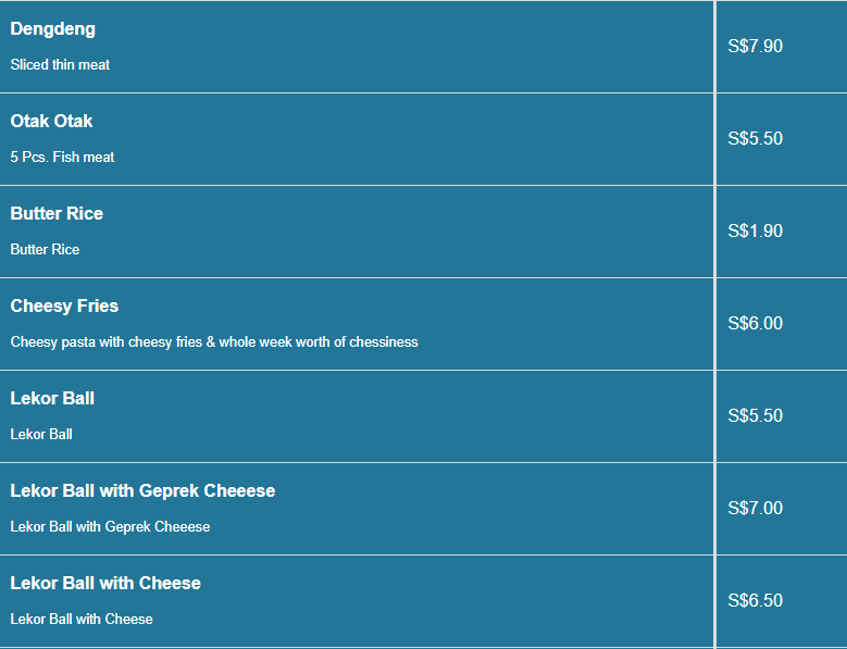 Western Cuisine menu- Side Price List