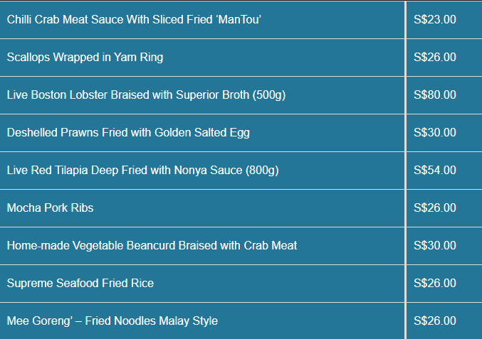 Jumbo Seafood menu- Signature Dishes Price List