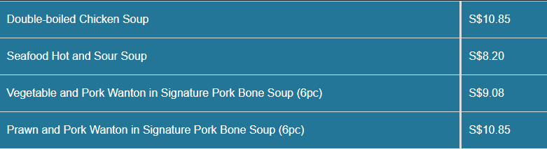 Paradise Dynasty menu- Soup Price List