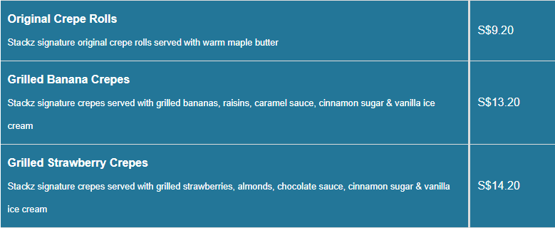 Stackz menu- Sweet Crepes Price List