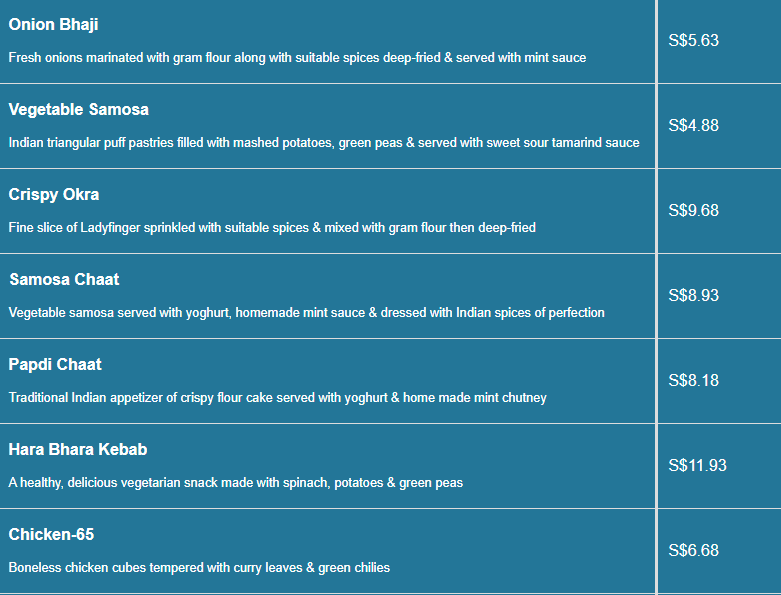 Curry House menu- Starter Items Price List
