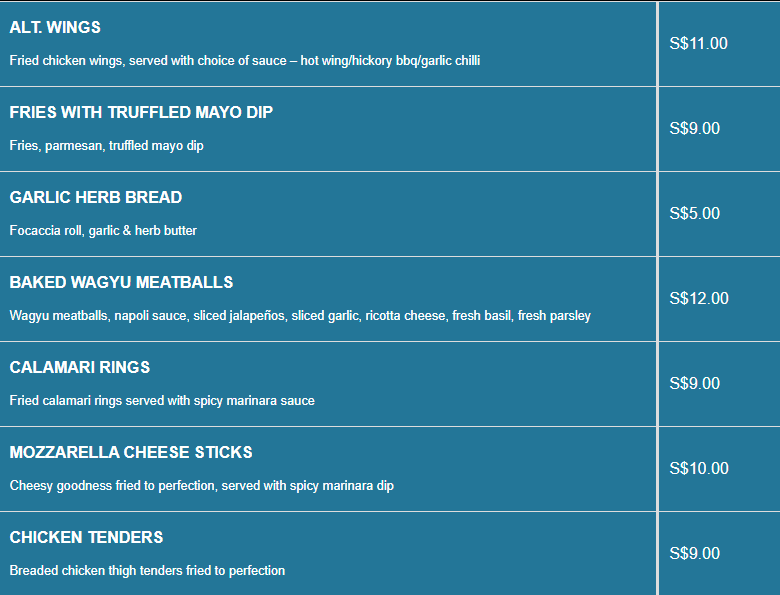 Alt Pizza menu- Starters Price List