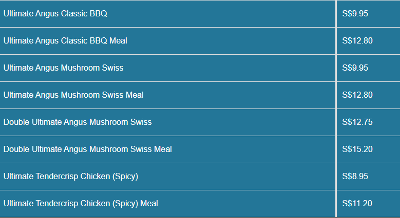 Burger King menu The Ultimate Selection Price List