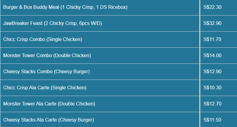 4Fingers menu- Burger Jaw Breaker Price List