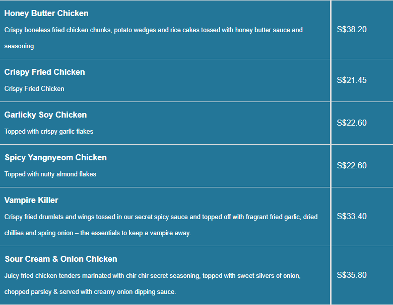 Chir Chir menu- Fried Chicken Price List