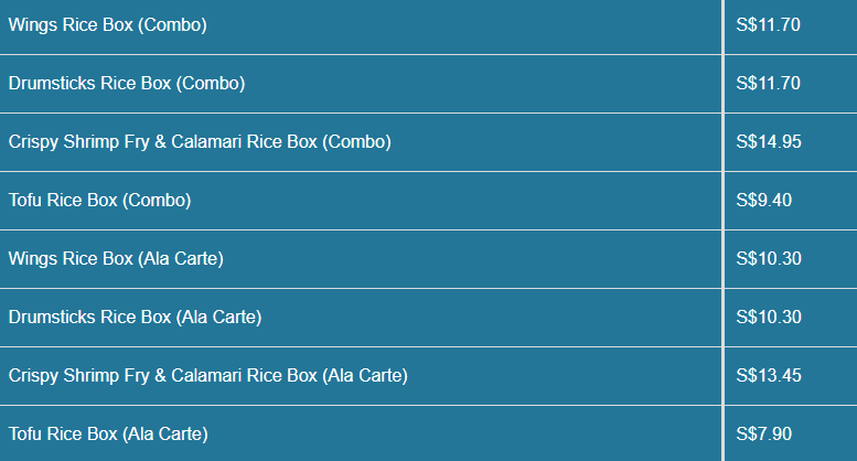 4Fingers menu- Rice Boxes Price List