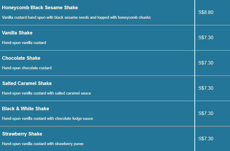 Shake Shack menu- Shakes Price List